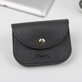 Black pebbled leather mini card holder with gold snap button and multi-slot design - Black
