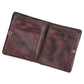 Detail view of genuine leather bifold wallet showing card slots and snap closure - Hand-brushed Coffee