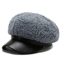 Casquette gavroche en laine d'agneau grise et similicuir noir avec finition texturée - Gris ardoise avec bord en cuir