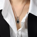 Silver OT clasp necklace with oval black agate pendant on a thin titanium steel chain - Oval Pendant Necklace (P1889) / Steel / 45cm