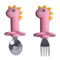 Pink dinosaur silicone and stainless steel spoon and fork set for baby feeding - Stainless Steel/Silicone / Stainless Steel Fork and Spoon Set / Pink