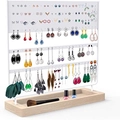 White 144-hole metal earring organizer with a detachable wooden base stand - Slotted 144 Holes White