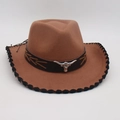 Brown wool cowboy hat with woven brim and silver bull head metal ornament - Khaki Black Trim (Metal Bull Head Decor)