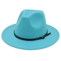 Detail of teal fedora hat with black PU leather belt strap and metal buckle accent - Lake Blue (Small Black Leather Belt)