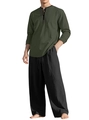 Army green linen Henley shirt and black loose trousers two-piece men's beach set - Army Green + Black