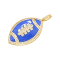 Close-up of golden football pendant with blue enamel and sparkling zircon accents - Blue