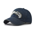 Navy blue washed denim baseball cap with New York City embroidery and vintage curved brim - Adjustable / Dark Denim