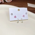 Detailed set of pearl studs, pink resin roses and twisted white hoops on display card - 15# White and Pink (6 Pairs)