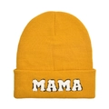 Detail of yellow knit beanie featuring plush MAMA letter embroidery on the folded cuff - Adult Style(MAMA) / Ginger Yellow