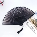 Classic black silk folding fan with white cherry blossom and butterfly print - No.33 Plum Blossom