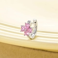 Silver hoop earring featuring a pink zircon four-leaf clover flower design - Pink (Single Piece)