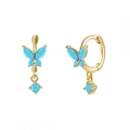 Elegant gold butterfly hoop earrings with sky blue zircon stones and dangling charms - Turquoise Gold