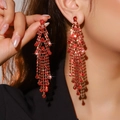 Luxury red rhinestone long tassel earrings with a brilliant sparkling finish - Red Luxury Tassel / Red