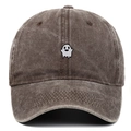 Detail of white ghost embroidery on dark washed denim baseball cap with curved brim - Coffee