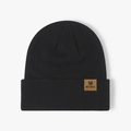 Black knit beanie with brown leather logo patch, thick winter thermal cuff hat for men and women - One Size / Black