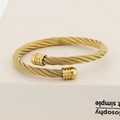 Golden stainless steel cable twisted wire open cuff bracelet with cylindrical ends - Gold