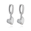 Close-up of silver heart drop hoop earrings with sparkling micro-pave crystal accents - Silver Smooth Heart Drop Earrings With Small Zircon