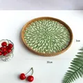 30cm Round rattan tray with green leaf mosaic pattern for home decor and storage - Full Leaves / Small 30*3cm