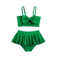 Two-piece bright green girls' swimsuit with bow tie top and ruffled skirt bottom - 104 / Green