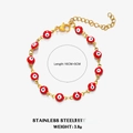 Bracciale occhio del diavolo dorato in acciaio inox con perline smaltate rosse e gancio - Rosso