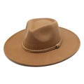 Cappello fedora in feltro di lana color cammello con tesa larga e corda intrecciata - M (56-58cm) / Cachi