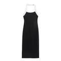 Elegant black knit halter neck dress with white contrast straps and open back design - XS / Black