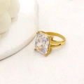 Detail of emerald-cut square crystal on 18K gold plated titanium ring with hollow band - Size 7 / White Zircon