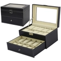 Double layer 20-slot watch box in black leather with glass top and drawer - 20 Slots Double Layer / Black/Beige Interior