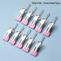 Set of 10 pink hook style stainless steel clothespins with non-slip rubber tips - Hook Style / Girl Pink