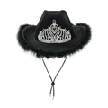 Sombrero de vaquero negro con corona de joyas y ribete de plumas en fondo blanco - Adulto 58CM / Pluma Negra