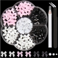 3D bow nail charms set with pearls, tweezers and dotting pen in pink white and black - Trending Style 3 (With Tools)