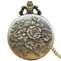 Vintage bronze quartz pocket watch with embossed flower pattern and thin metal chain - Bronze - Rose Clusters Relief