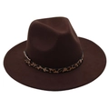 Detailed view of dark brown fedora hat with leopard print band and gold metal buckle - Coffee