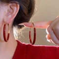 Detail of red and gold oversized hoop earrings featuring a contrast color block design - 19# Silver Earring Post - Gold & Red Split