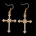 Gothic cross drop earrings in gold finish with sparkling crystals on black background - KC Gold (0106)