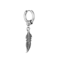 Polished silver stainless steel hoop earring with a vintage feather pendant charm - Steel Color Feather