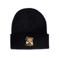 Close-up of Happy Camper embroidered patch with forest and sunset on black knit beanie - M (56-58cm) / Black