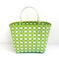 Detail of colorful woven tote bag featuring green, yellow, and white plastic patterns - Color 6 (Green Yellow White Plaid)