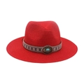 Cappello di paglia rosso a tesa larga con nastro ricamato etnico e fibbia turchese - Cappello di Paglia Rosso (Pietra Blu Ovale)