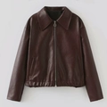 Solid color square collar faux leather jacket in deep burgundy with metal zipper details - XS / Burgundy