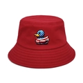 Red cotton bucket hat with American flag cartoon duck embroidery for sun protection - M (56-58cm) / Red