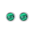 Minimalist round earrings featuring green malachite stone in a silver metal bezel - Silver - Green Malachite Style