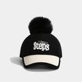 Detail of wool baseball cap featuring Vibrant Steps embroidery and large black pompom - 52-54cm (3-7 Years) / Steps-Black