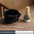 Japanese matcha whisk set with black glazed ceramic bowl and bamboo tea spoon - Iron Glaze Matcha Bowl 4-Piece Set