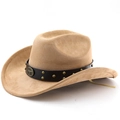 Classic camel western cowboy hat featuring studded leather band and vintage metal buckle - M (56-58cm) / Camel