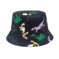Close-up of black cotton bucket hat with colorful dinosaur shark and skateboard patterns - Head Circumference 52-54cm / Black