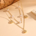 Layered gold stainless steel necklace with white pearls and circular pavé crystal pendants - Gold Round White Zirconia Necklace (C321)