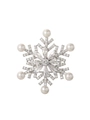 Makro-Detail einer Schneeflocken-Brosche mit funkelnden Kristallen und weißen Perlen - Stahlfarbe (Drehbare Schneeflocke)
