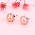 Elegant S925 silver crown earrings with pink natural pearls and sparkling diamond accents - 925 Silver / Pink Pearl (Silver/Platinum)