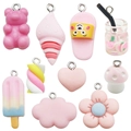 Set of 10 pink resin charms including bear, ice cream, and flower shapes with metal hooks - Pink Series 10Pcs